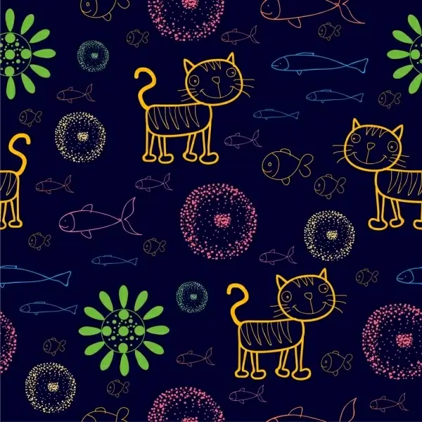 cats fishes flowers background colored cartoon sketch