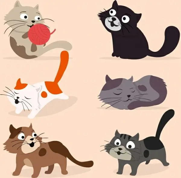 cats icons collection colored cartoon design