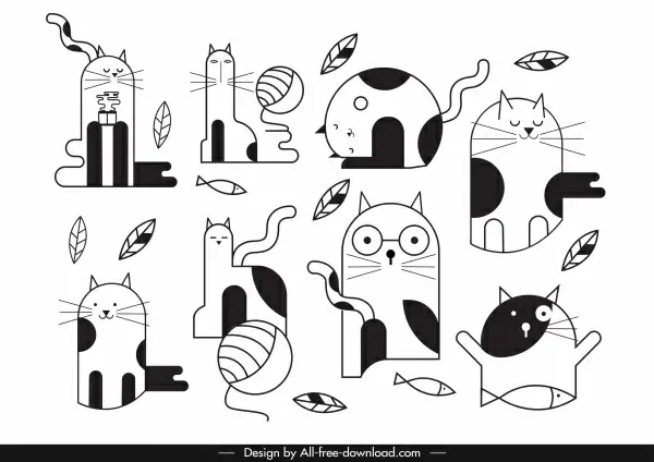 cats icons funny flat black white handdrawn sketch