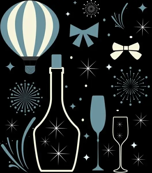 celebration background champagne fireworks icons sparkling dark design