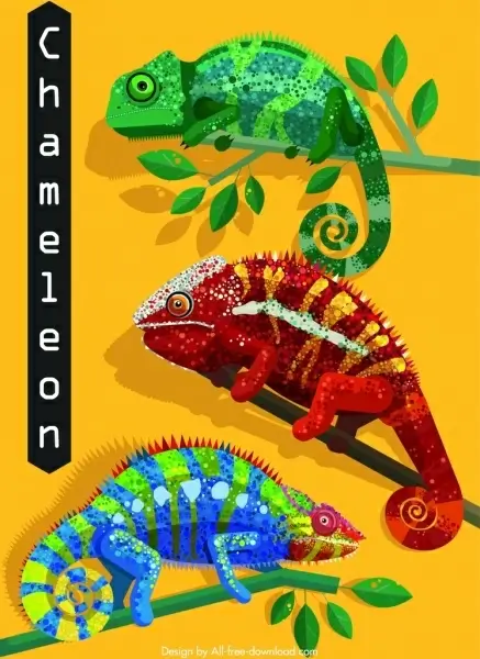 chameleon icons crawling branch design flat colorful decor
