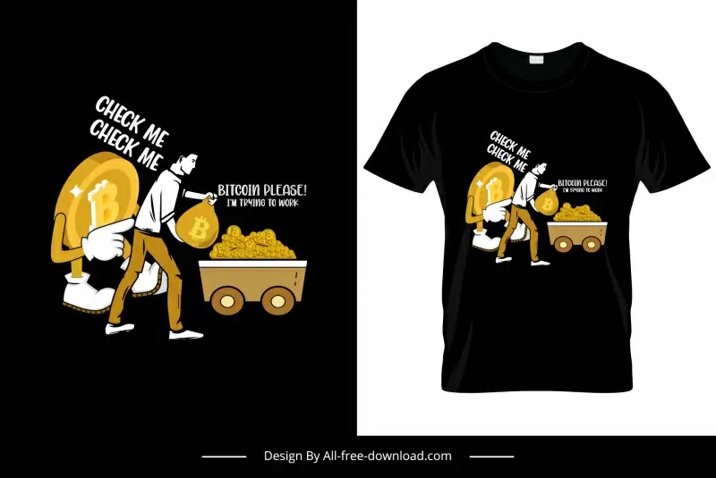 check me check my bitcoin please tshirt template stylized coin man wealth cartoon sketch