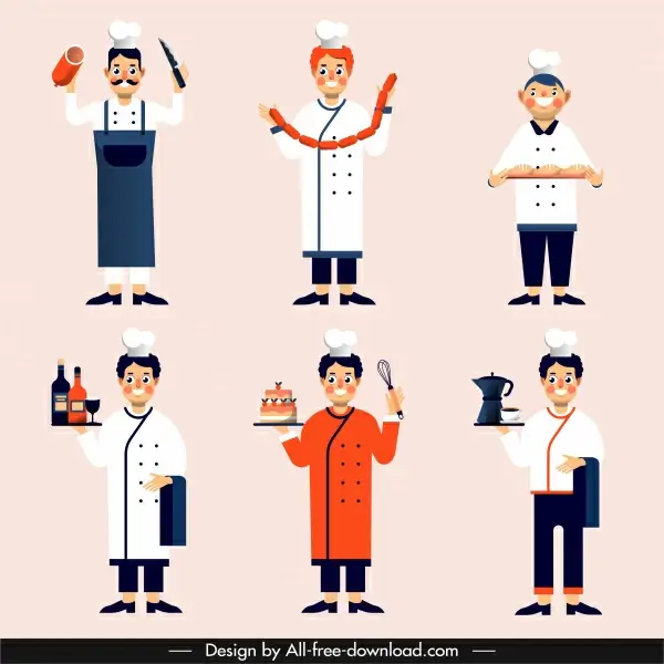 chef icons colored cartoon characters sketch
