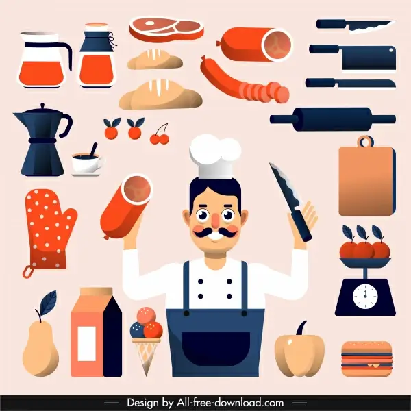 chef work design elements utensils man sketch
