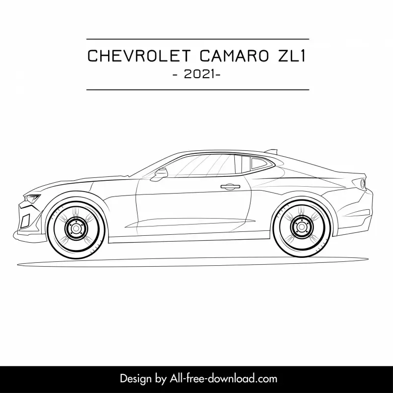 chevrolet camaro zl1 2021 car model advertising template flat black white side view sketch