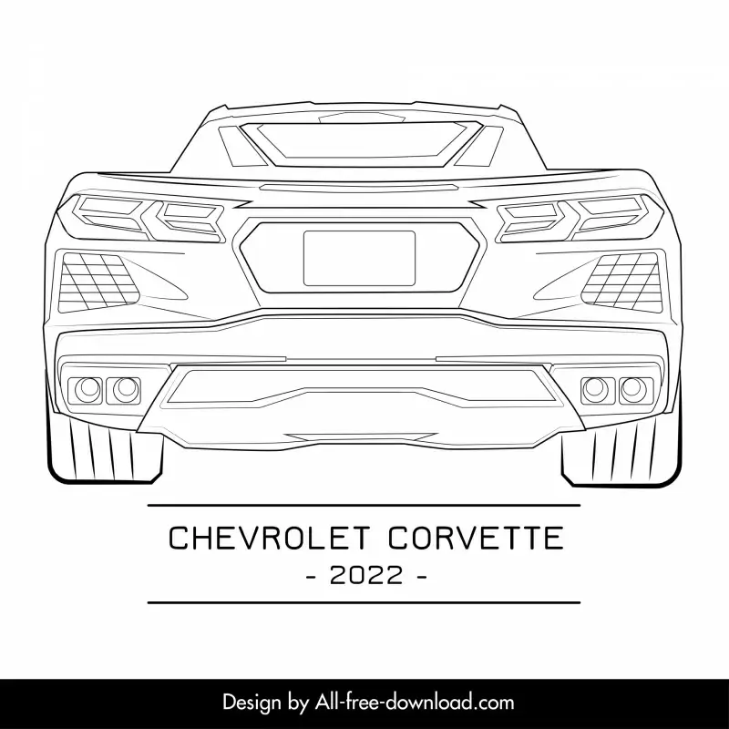 chevrolet corvette 2022 car model advertising template flat black white symmetric handdrawn back view outline