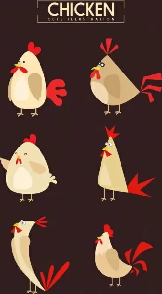 chicken icons collection colored cartoon design various character