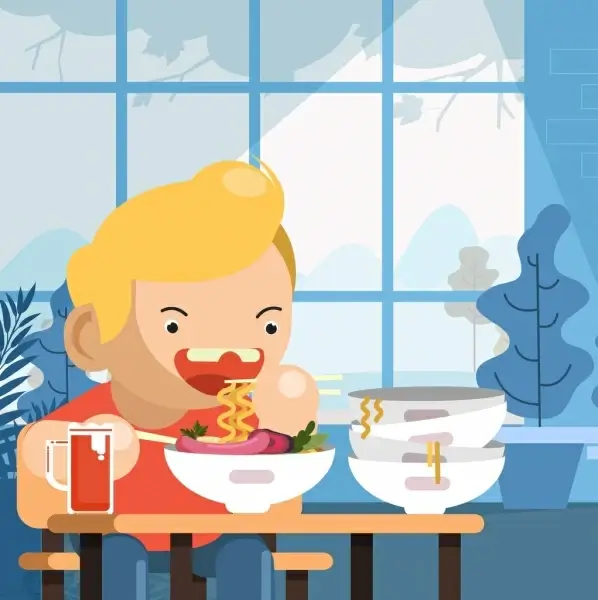 childhood background boy eating noodle icon cartoon character