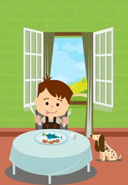 childhood background boy eating seafood icon colored cartoon