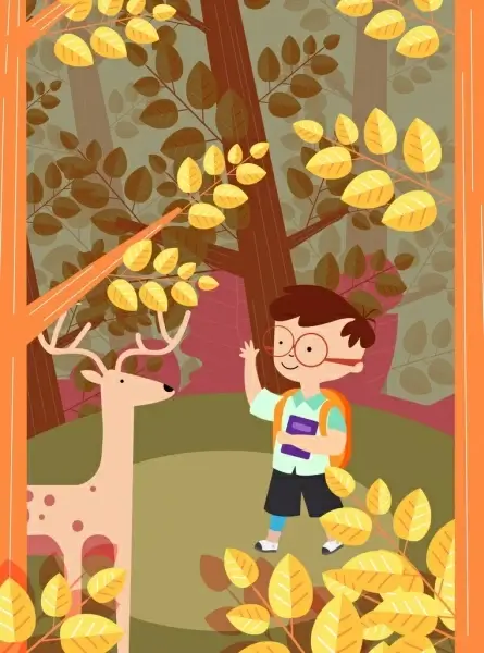 childhood background boy reindeer forest icons colored cartoon
