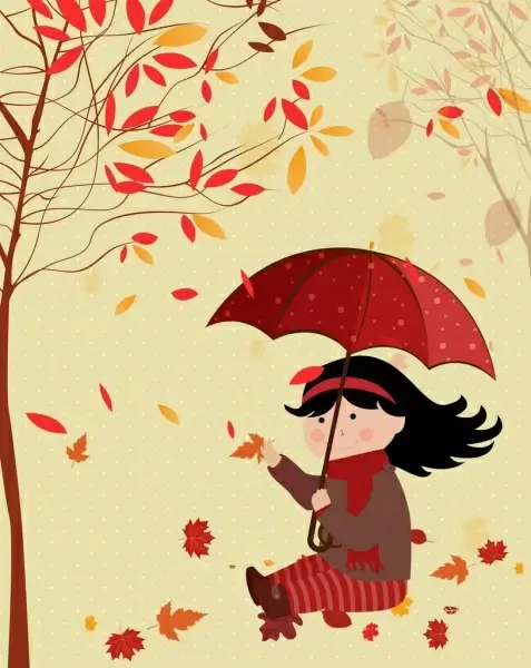 childhood background girl falling leaves icon red decor