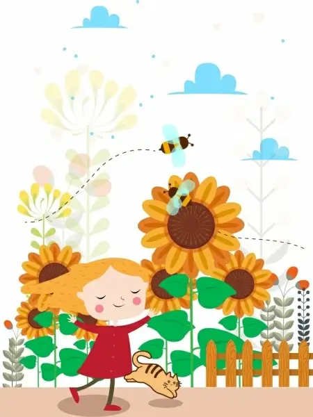 childhood background joyful girl kitty honeybees sunflowers icons