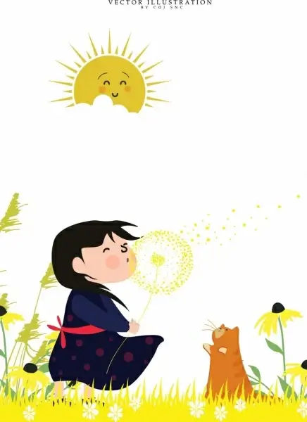 childhood background joyful girl pet stylized sun icons