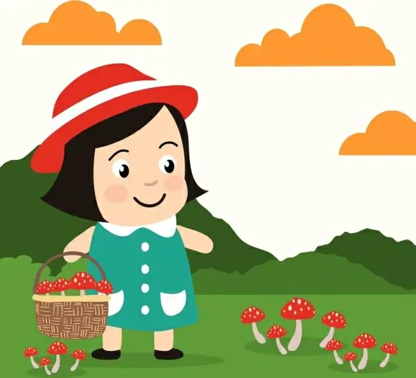 childhood cartoon background cute girl icon mushroom collection