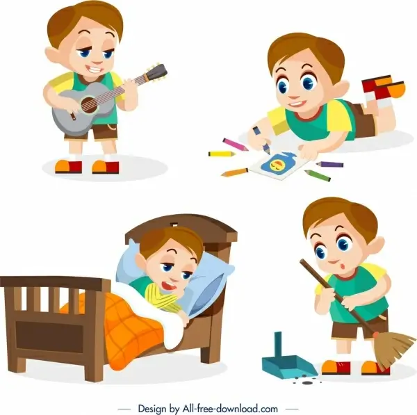 childhood design elements daily activities boy icons design