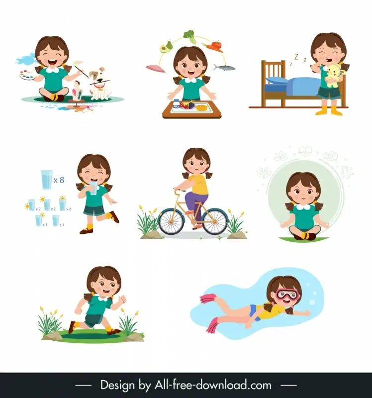 childhood design elements different actions cartoon characters