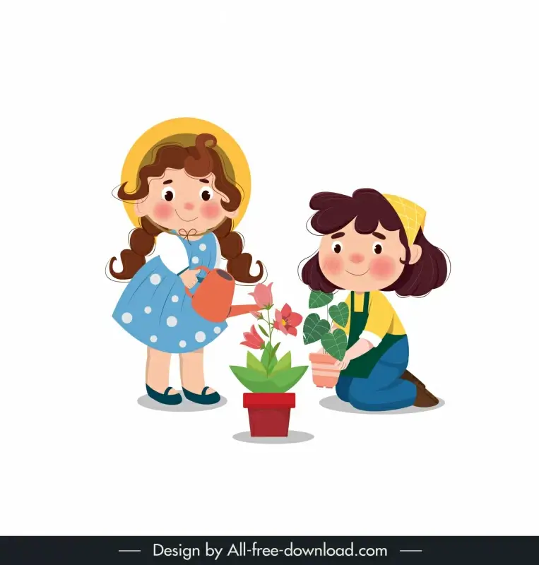 childhood design elements girls planting flowers cartoon 