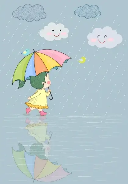 childhood drawing cute girl rainy day stylized design
