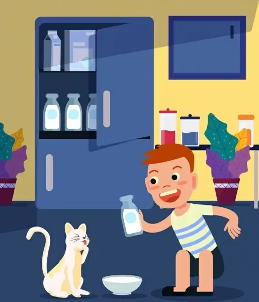 childhood drawing little boy cat milk icons