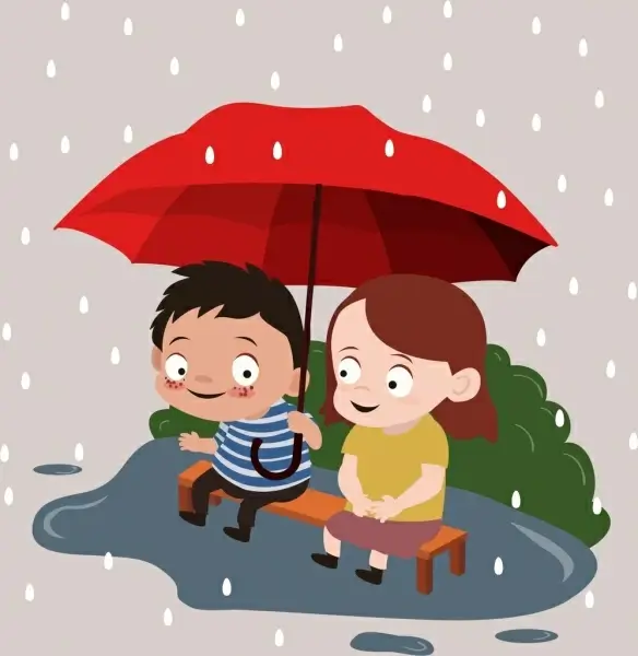 childhood drawing little boy girl rain umbrella icons