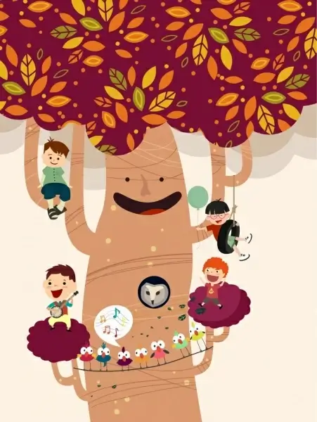 childhood dream background stylized tree kids icons decoration