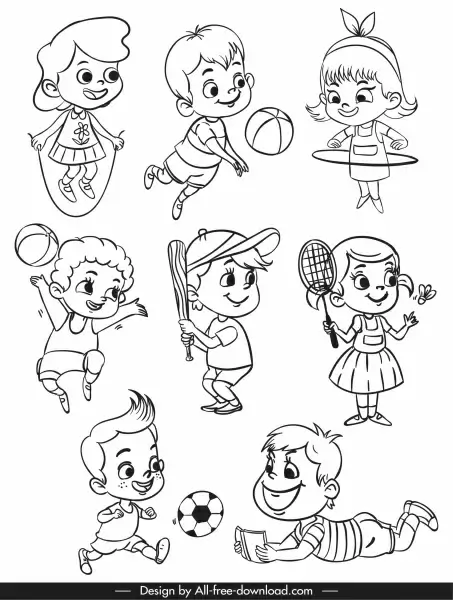 childhood icons activities sketch black white handdrawn cartoon