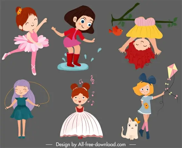 childhood icons cute girls sketch cartoon design