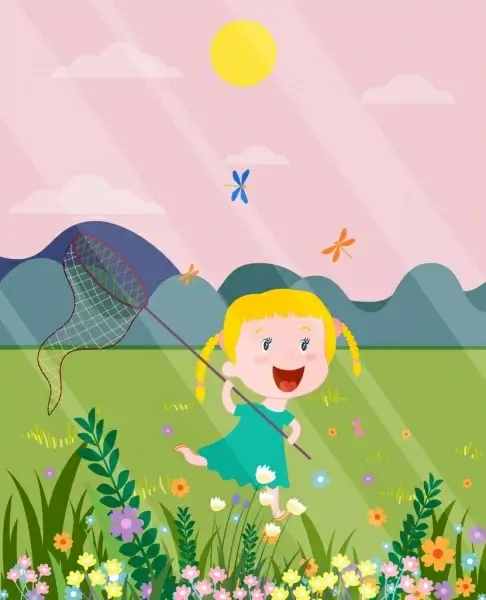childhood painting cute girl playful colored cartoon design 