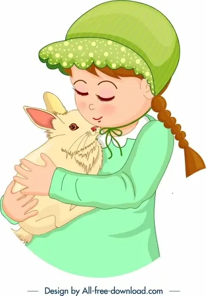 childhood painting cute girl rabbit pet cartoon design