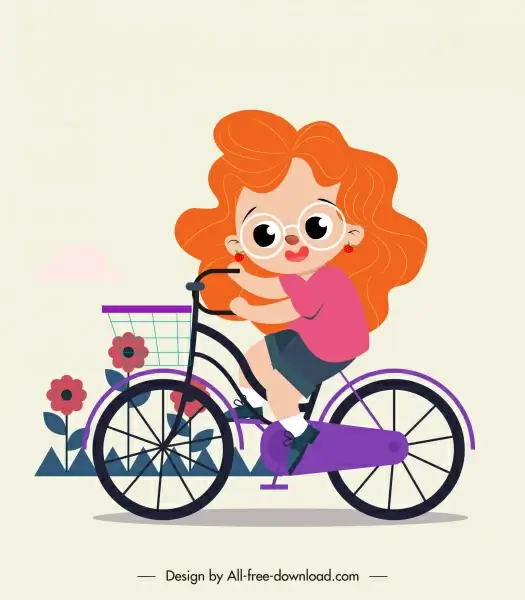 childhood painting girl riding bicycle sketch cartoon character