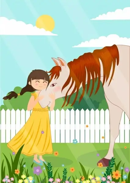 childhood painting little girl horse icons cartoon design