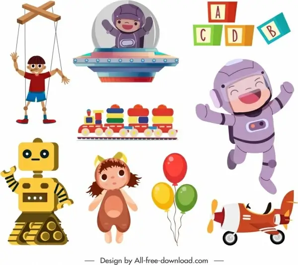 childhood toys icons cute colorful sketch 