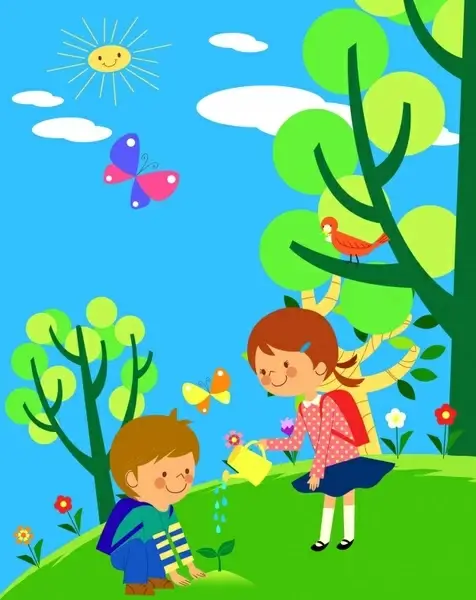 environment painting children planting tree cartoon characters