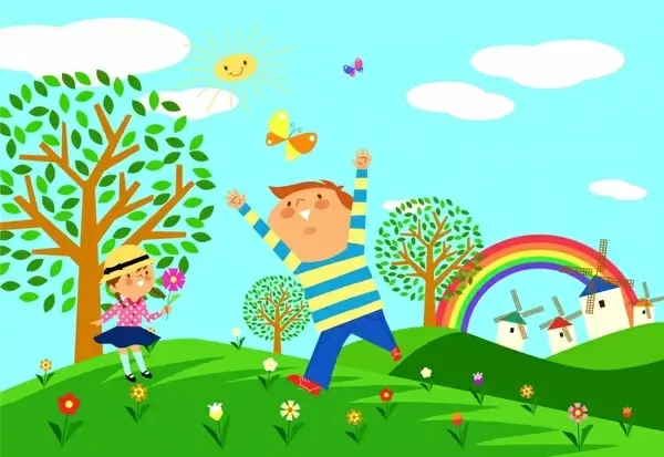 childhood painting joyful children cute colorful cartoon design
