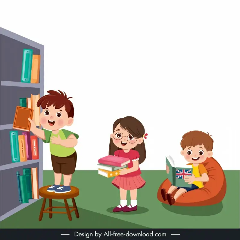 children reading books design elements cute cartoon characters