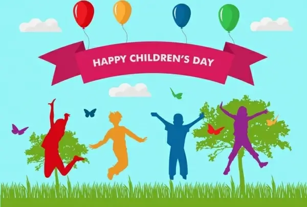 childrens day banner design colored silhouettes ribbon decoration