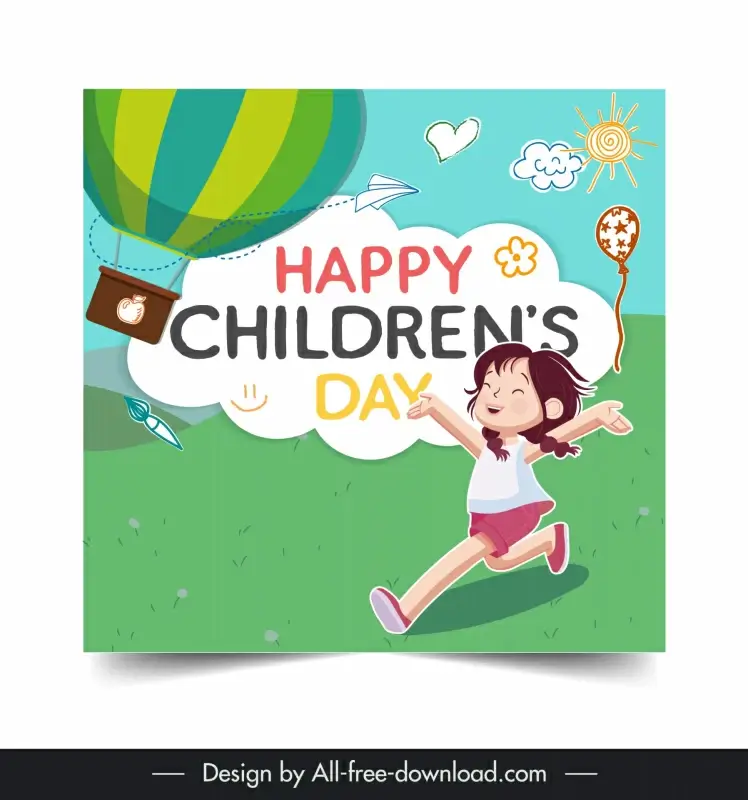 childrens day banner template dynamic cartoon girl sky elements
