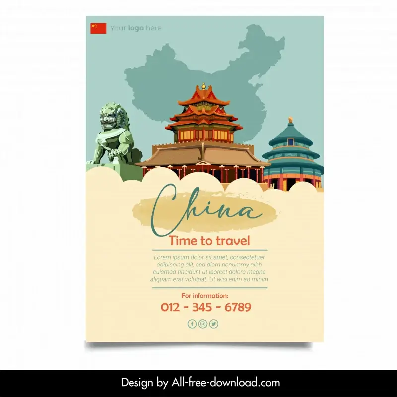 chinese travel flyer template traditional landmark elements