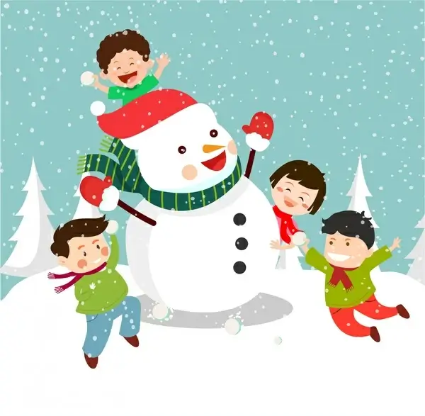 christmas background design with joyful kids and snowman