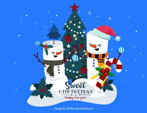 christmas background snowman decorated fir tree cartoon design