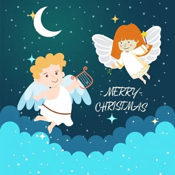 christmas banner cute angel icons colored cartoon design