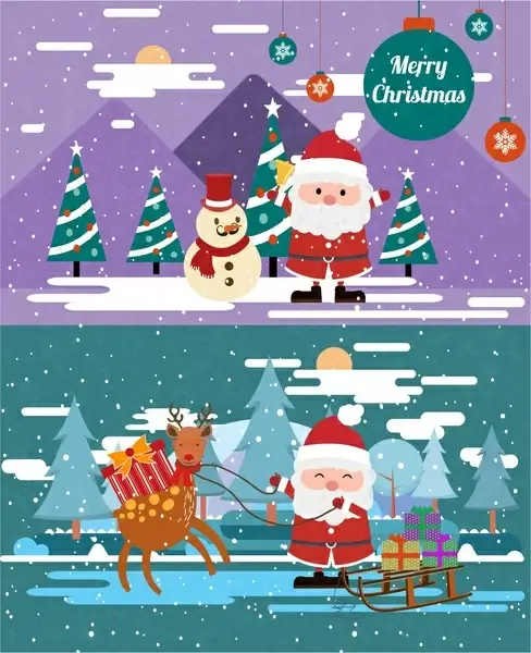 christmas banner sets with santa in snow illustration