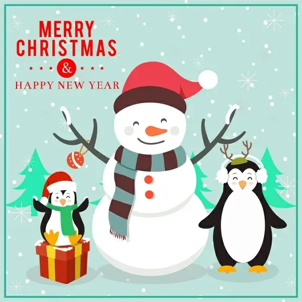 christmas card design with funny penguins and snowman 