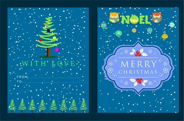 christmas card snow and emblems in blue background