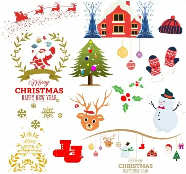 christmas design elements classical symbols colored flat design