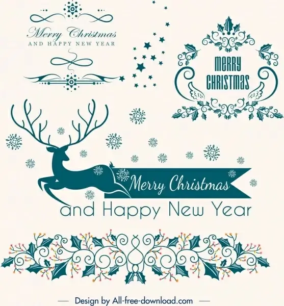 christmas design elements reindeer flowers icons classical decor