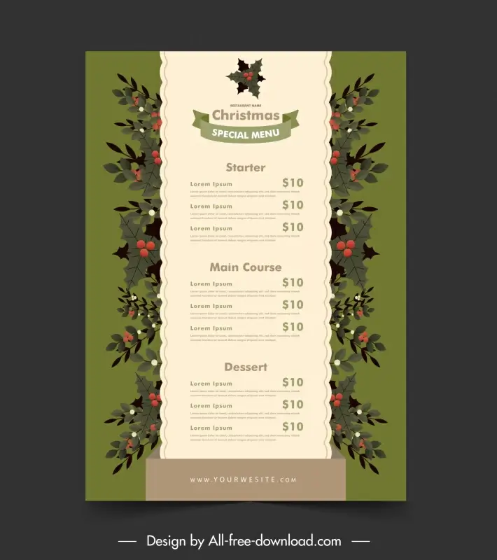 christmas menu template elegant flowers ribbon layout