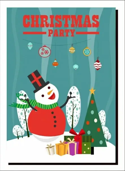 christmas party banner snowman giftboxes fir tree icons