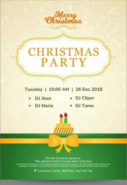 christmas party invitation card with cake and golden ribbon over green bottom border and beige snowfall background
