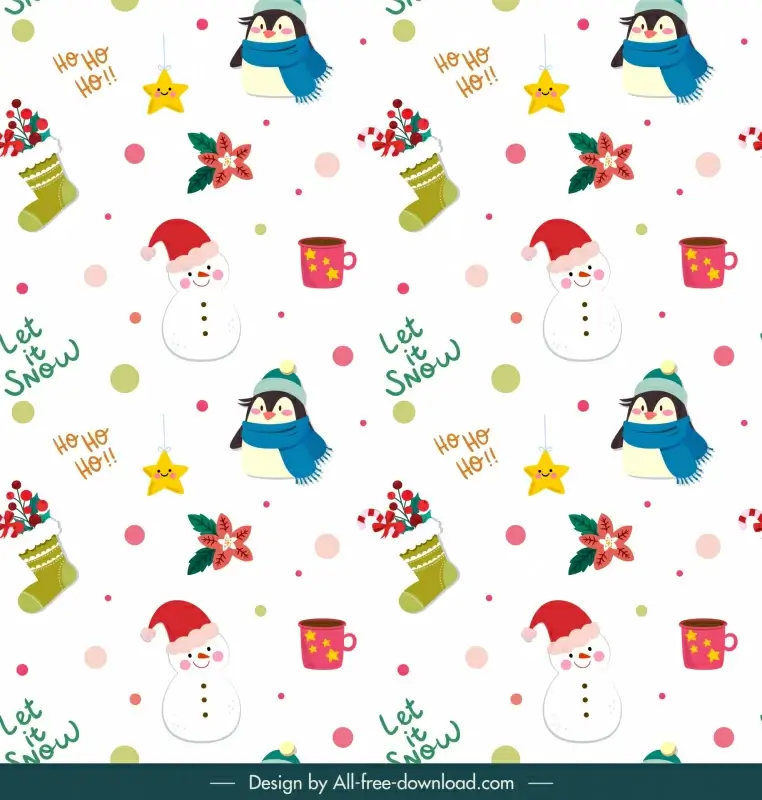 christmas pattern template hand drawn cute penguin snowman objects elements 